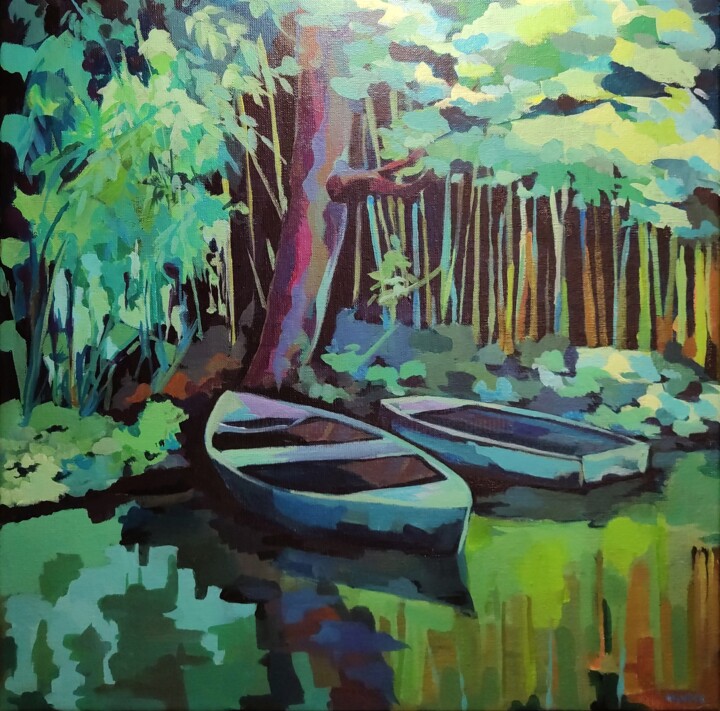 Painting titled "Giverny, au fil de…" by Veronique Gaudin, Original Artwork, Acrylic Mounted on Wood Stretcher frame