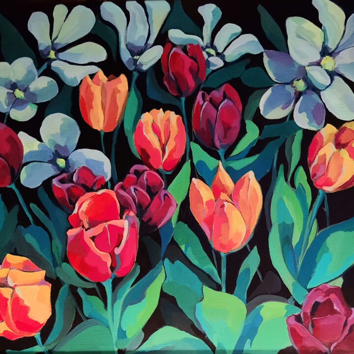 Painting titled "Printemps au jardin" by Veronique Gaudin, Original Artwork, Acrylic Mounted on Wood Stretcher frame