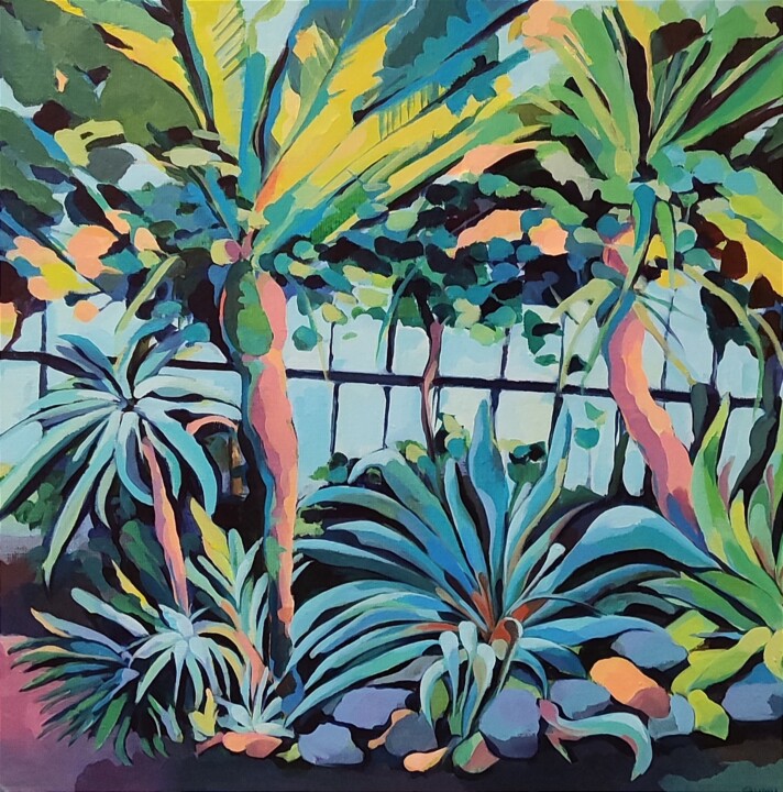 Schilderij getiteld "Grande serre tropic…" door Veronique Gaudin, Origineel Kunstwerk, Acryl Gemonteerd op Frame voor houten…