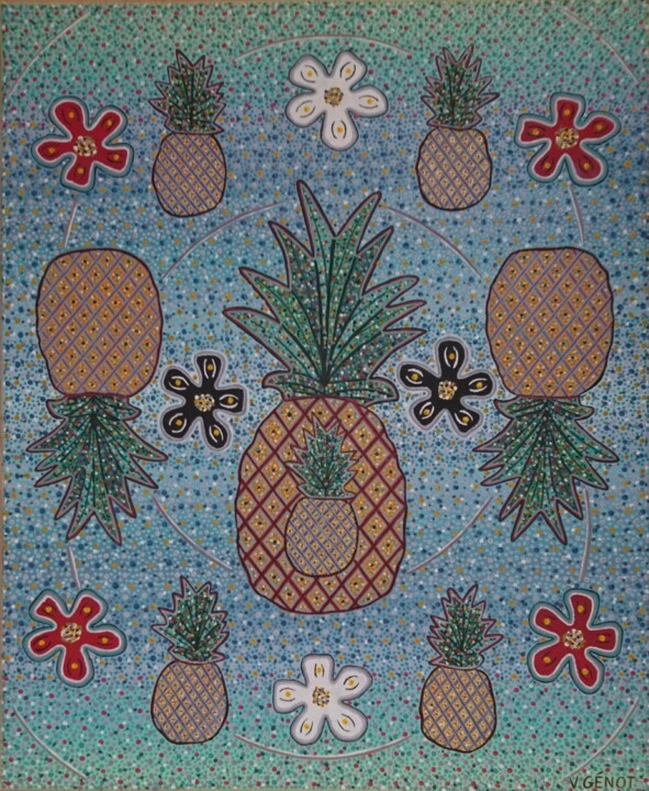 Peinture intitulée "Ananas" par Véronique Génot, Œuvre d'art originale, Huile