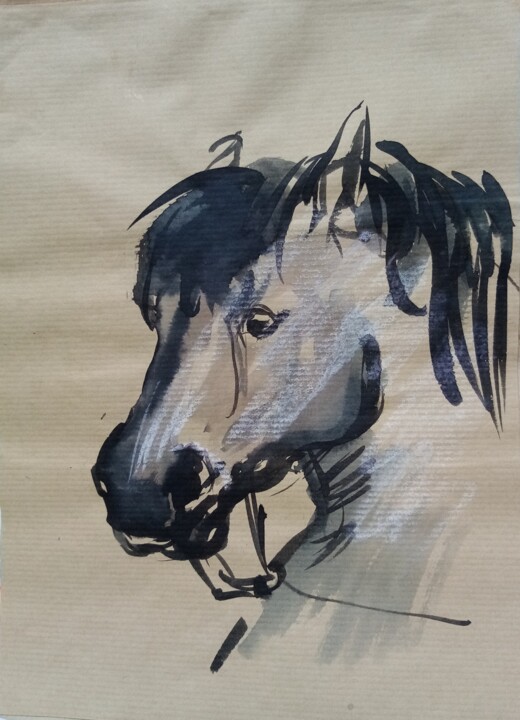 Peinture intitulée "Cheval noir" par Veronique Labadie Layton, Œuvre d'art originale, Encre