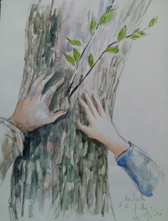 Painting titled "Mains sur l arbre" by Veronique Labadie Layton, Original Artwork, Watercolor