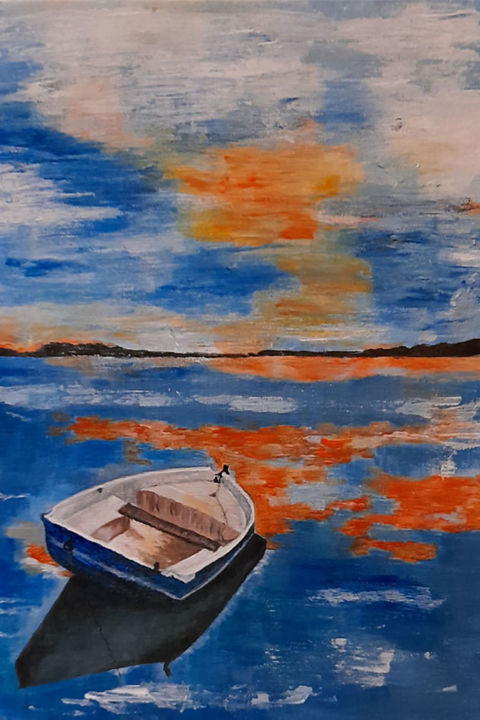 Peinture intitulée "Barque au couchant" par Veronique Laupretre, Œuvre d'art originale, Acrylique Monté sur Châssis en bois