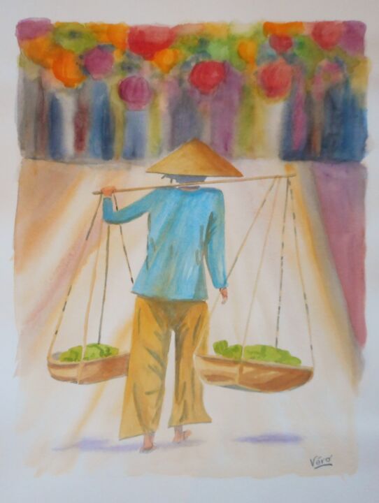 Peinture intitulée "Vendeur de légumes…" par Véronique Lauron, Œuvre d'art originale, Aquarelle