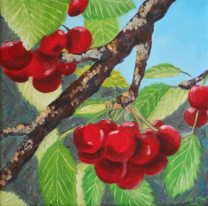 Painting titled "Cerises" by Véronique Lauron, Original Artwork, Oil Mounted on Wood Stretcher frame
