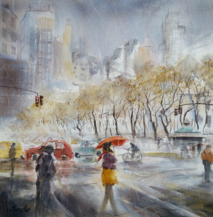 Peinture intitulée "Parapluie et voitur…" par Véronique Le Forestier, Œuvre d'art originale, Aquarelle