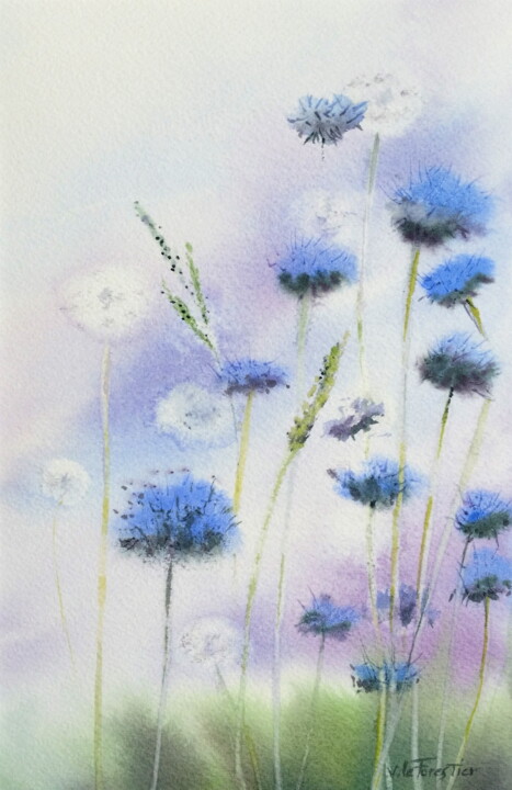 Pintura titulada "Fleur bleues" por Véronique Le Forestier, Obra de arte original, Acuarela
