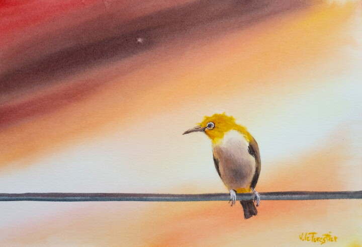 Painting titled "Oiseau jaune soleil…" by Véronique Le Forestier, Original Artwork, Watercolor