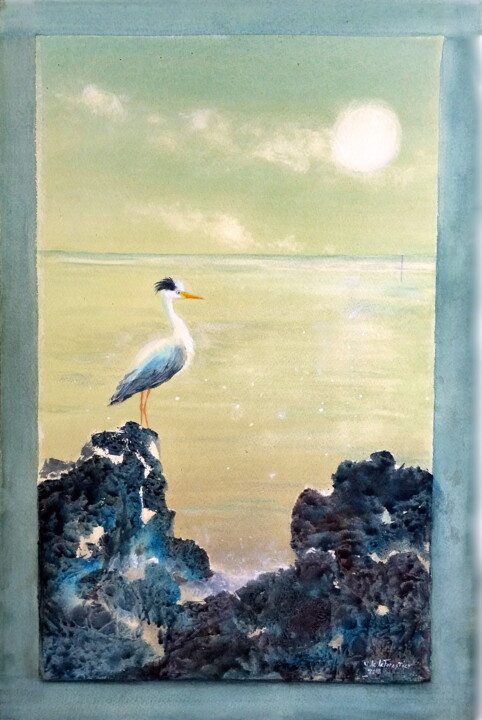 Peinture intitulée "Oiseau sur rochers…" par Véronique Le Forestier, Œuvre d'art originale, Aquarelle