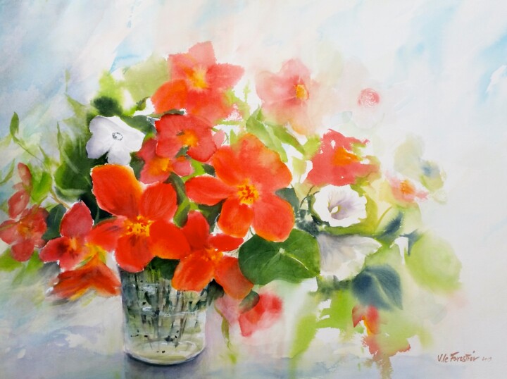 Painting titled "Fleurs rouges" by Véronique Le Forestier, Original Artwork, Watercolor