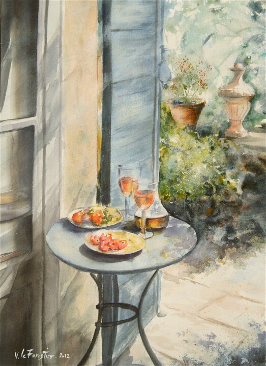 Peinture intitulée "Apéritif-Table au j…" par Véronique Le Forestier, Œuvre d'art originale, Aquarelle