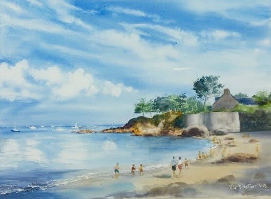 Painting titled "Plage de Beg Meil" by Véronique Le Forestier, Original Artwork, Watercolor