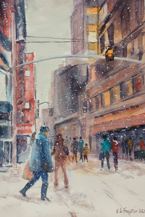 Painting titled "Hiver à New York" by Véronique Le Forestier, Original Artwork, Watercolor