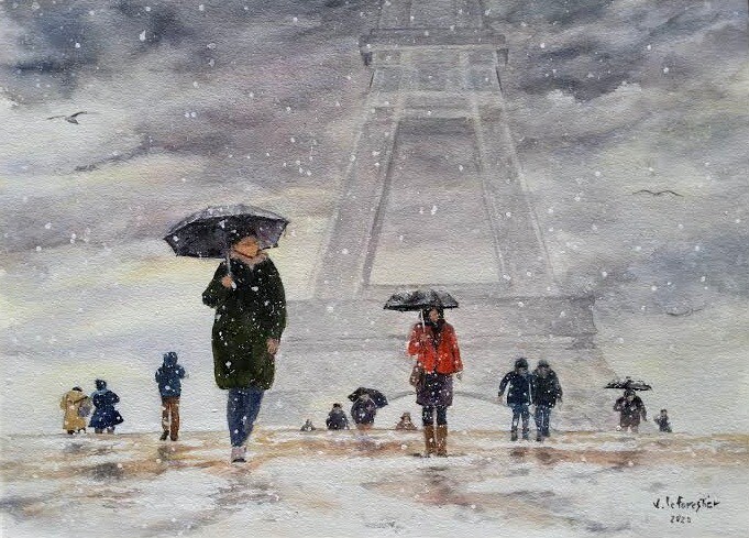 Schilderij getiteld "Au Trocadero neige" door Véronique Le Forestier, Origineel Kunstwerk, Aquarel