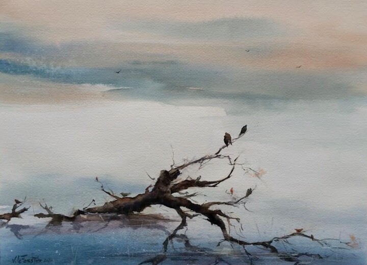 Peinture intitulée "Oiseaux sur un tronc" par Véronique Le Forestier, Œuvre d'art originale, Aquarelle