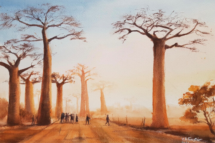 Peinture intitulée "Baobabs" par Véronique Le Forestier, Œuvre d'art originale, Aquarelle