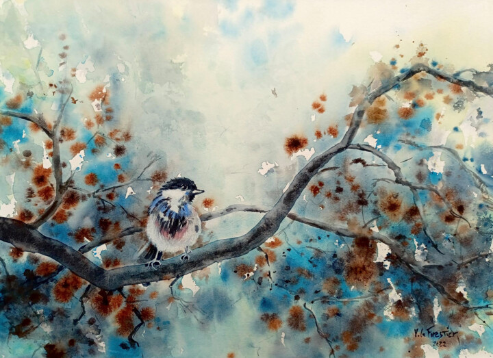 Painting titled "Petit oiseau sur un…" by Véronique Le Forestier, Original Artwork, Watercolor