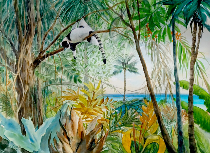 Pintura titulada "Lémurien Madagascar" por Véronique Le Forestier, Obra de arte original, Acuarela