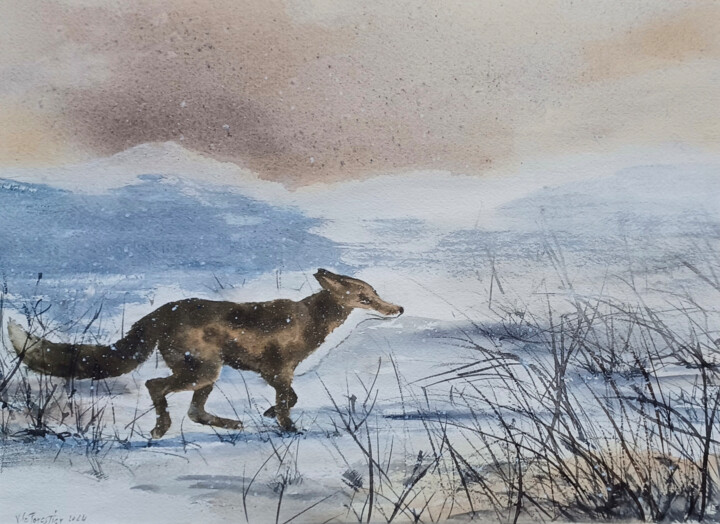 Painting titled "Renard chasse" by Véronique Le Forestier, Original Artwork, Watercolor