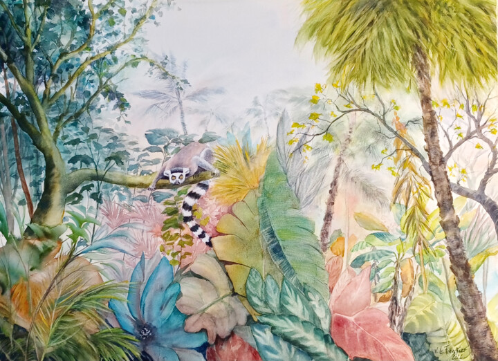 Peinture intitulée "Lémurien curieux" par Véronique Le Forestier, Œuvre d'art originale, Aquarelle