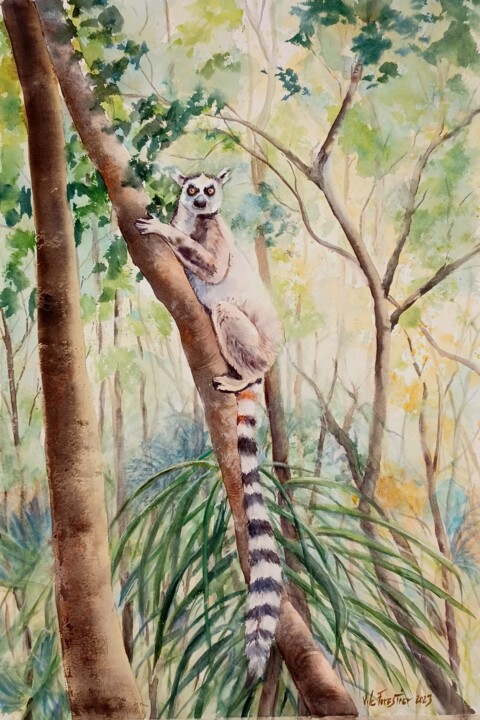 Painting titled "Lémurien sur sa bra…" by Véronique Le Forestier, Original Artwork, Watercolor