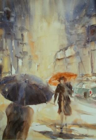 Peinture intitulée "Parapluie orange" par Véronique Le Forestier, Œuvre d'art originale