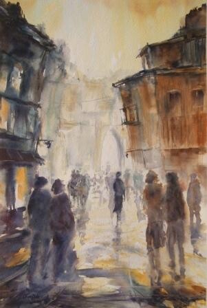 Painting titled "Rue animée(2)" by Véronique Le Forestier, Original Artwork