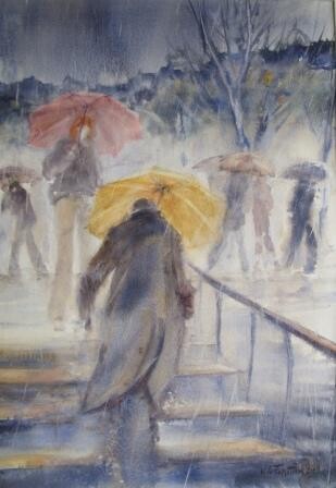 Painting titled "Escalier- pluie" by Véronique Le Forestier, Original Artwork