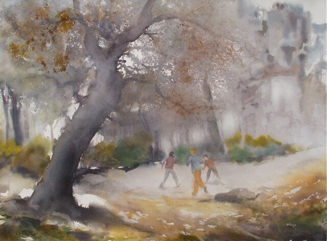Painting titled "Dans le parc" by Véronique Le Forestier, Original Artwork