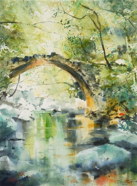 Painting titled "Petit pont Corse" by Véronique Le Forestier, Original Artwork