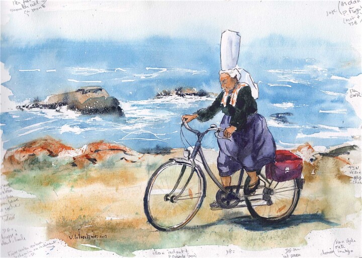 Peinture intitulée "Bretonne à vélo" par Véronique Le Forestier, Œuvre d'art originale