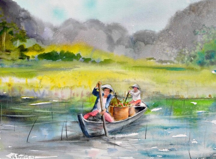 Pintura titulada "vietnam-en-barque.j…" por Véronique Le Forestier, Obra de arte original