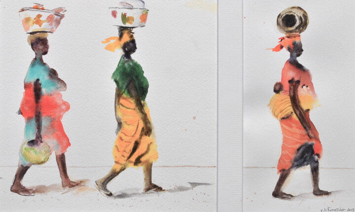 Painting titled "Africaines en marche" by Véronique Le Forestier, Original Artwork, Watercolor