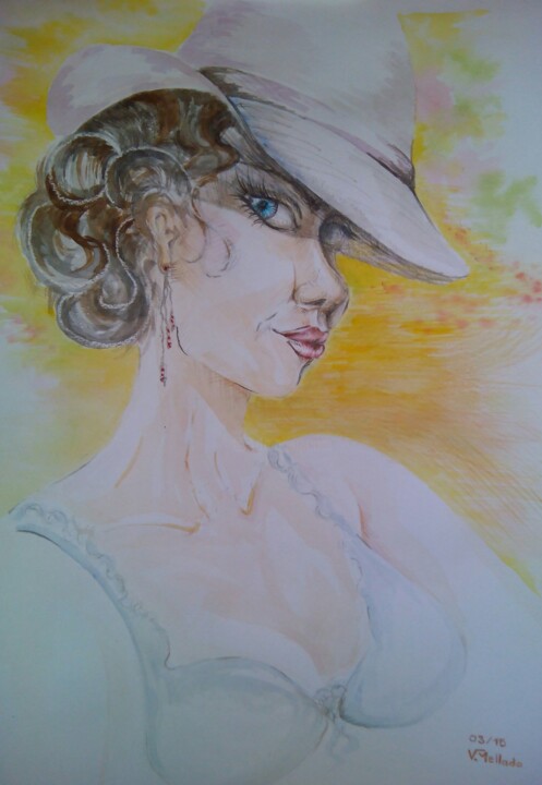 Painting titled "La femme au chapeau" by Véronique Mellado Ange, Original Artwork, Watercolor