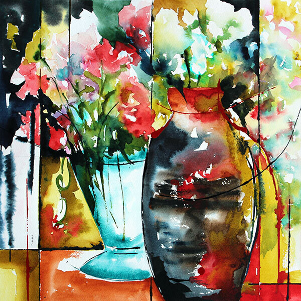 Картина под названием "Deux vases 02" - Véronique Piaser-Moyen, Подлинное произведение искусства, Акварель