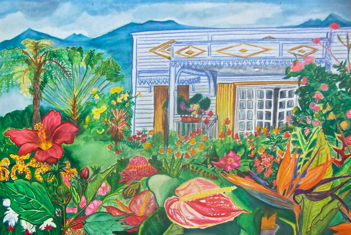 Dibujo titulada "Jardin tropical" por Véronique Pophillat, Obra de arte original