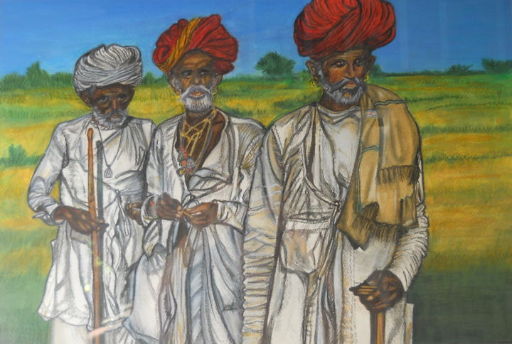 Dessin intitulée "Elégants Rajasthani" par Véronique Pophillat, Œuvre d'art originale, Crayon