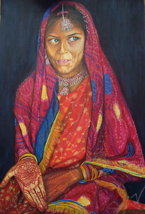 Dibujo titulada "Jeune indienne" por Véronique Pophillat, Obra de arte original, Lápiz