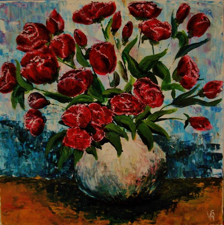 Malerei mit dem Titel "Bouquet rouge sur t…" von Véronique Roubaut, Original-Kunstwerk, Acryl