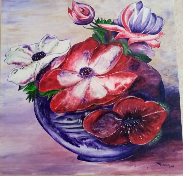 Peinture intitulée ""Bouquet d'anémone"…" par Véronique Nelly Schirer, Œuvre d'art originale, Acrylique