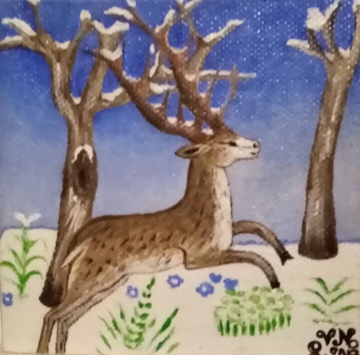 Peinture intitulée ""Cerf en hiver", Mi…" par Véronique Nelly Schirer, Œuvre d'art originale, Acrylique