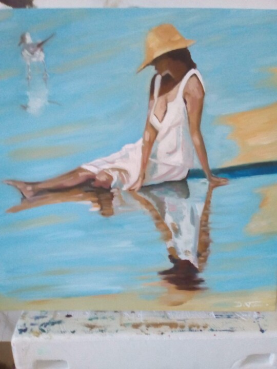 Painting titled "Sur la plage" by Veronique Thisse, Original Artwork, Oil