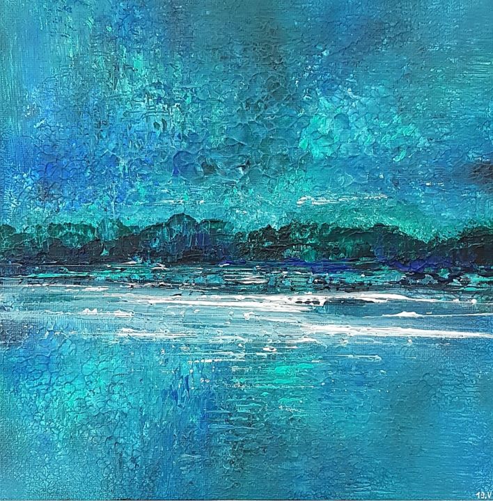 Painting titled "Le lac bleu" by Véronique Urquia, Original Artwork, Acrylic Mounted on Cardboard