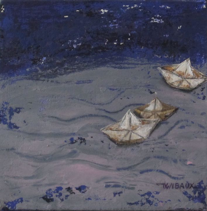 Pittura intitolato "3 bateaux dans la n…" da Véronique Wibaux, Opera d'arte originale, Acrilico Montato su Telaio per barell…