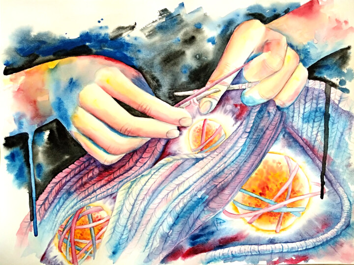 Painting titled "Caring Hands Knit T…" by Veronika Pozdniakova, Original Artwork, Watercolor