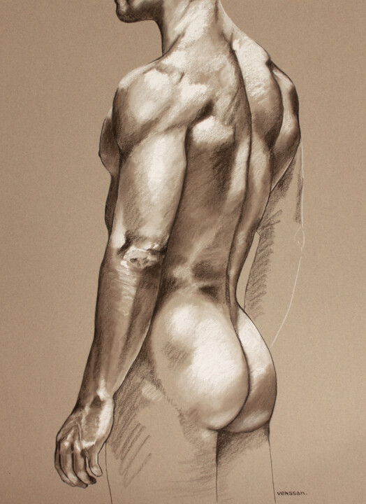 Drawing titled "Homme aux fesses mu…" by Verssan, Original Artwork, Pastel