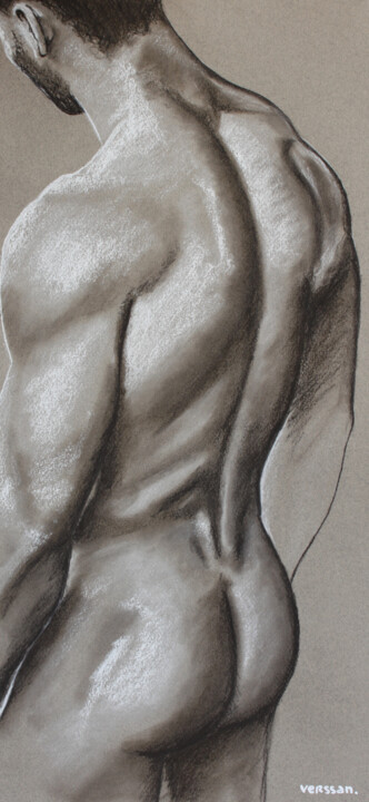 Drawing titled "Dos d'homme" by Verssan, Original Artwork, Pastel Mounted on Wood Panel