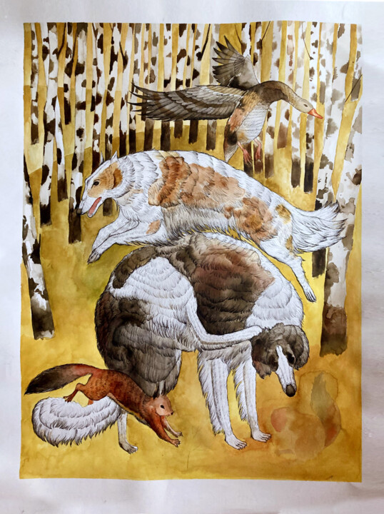 Painting titled "Охота" by Verushka, Original Artwork, Watercolor