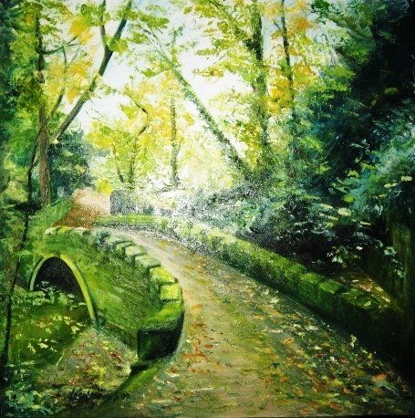 Painting titled "green bridge" by Bubi, Original Artwork, Oil