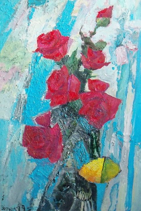 Картина под названием "Yesterday's roses" - Vitaliy Ustimenko, Подлинное произведение искусства, Масло